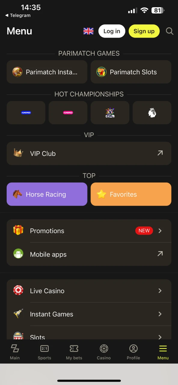 Visit the site to download the Parimatch app for iOS.