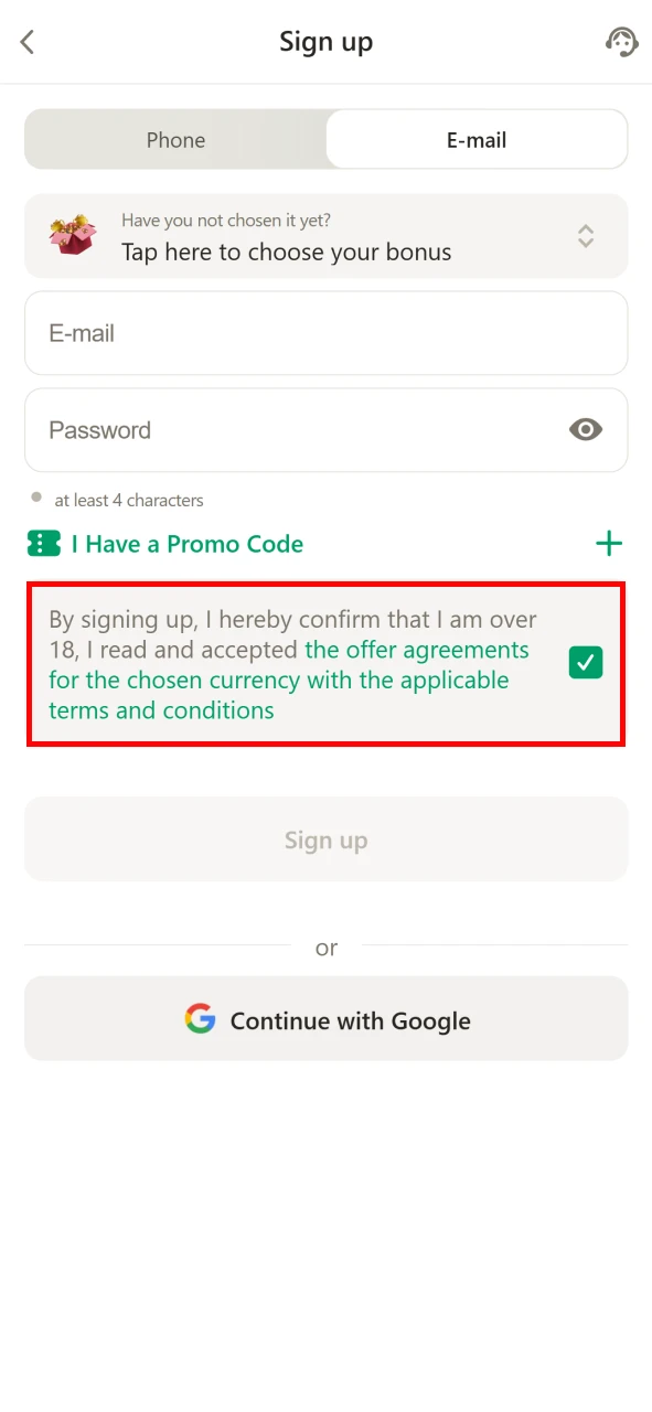 Confirm the terms of registration on Parimatch.
