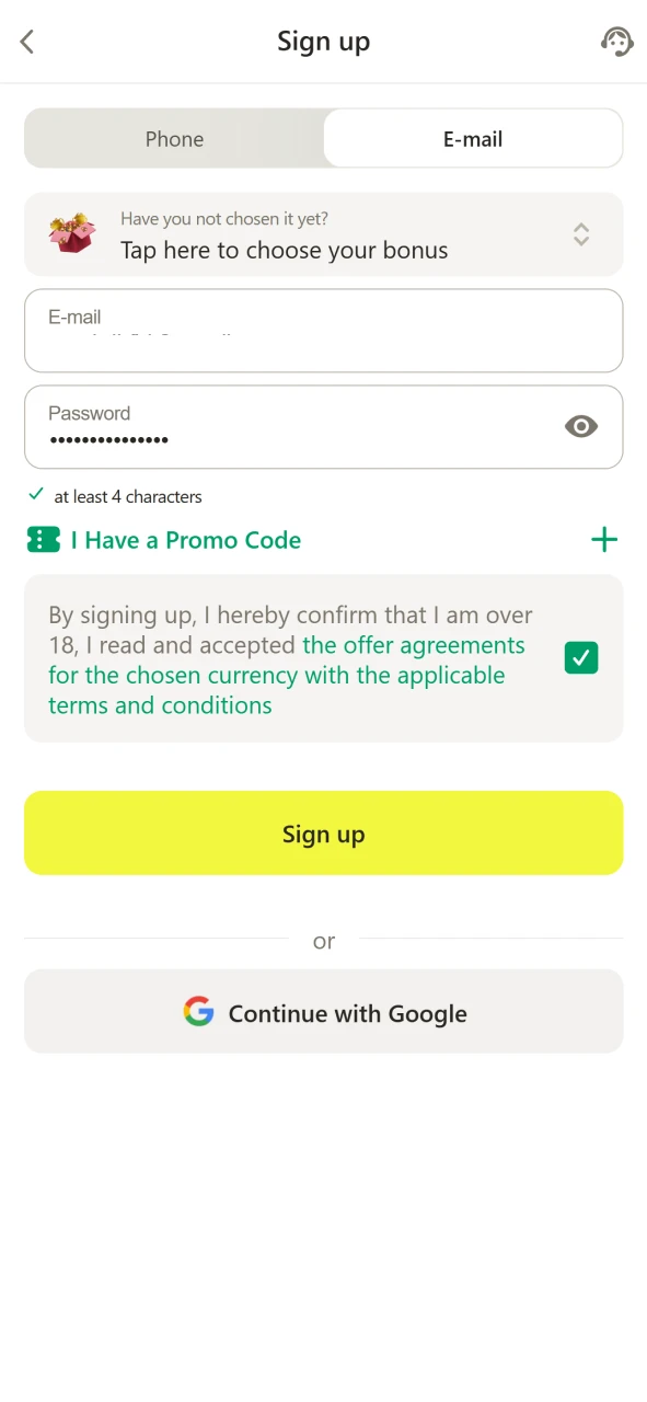 Complete registration in the Parimatch application.