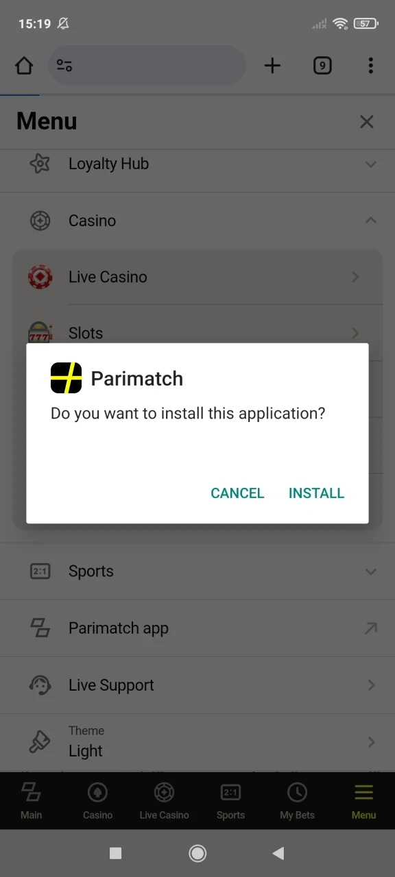 Install the Parimatch app for android.