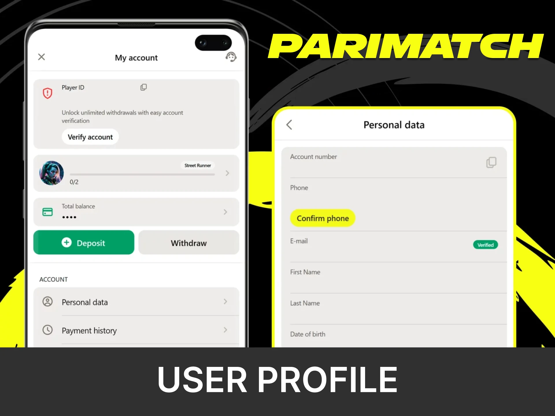 The Parimatch application has a personal profile.