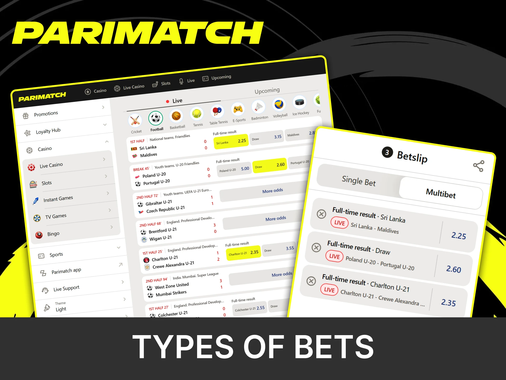 You can place different types of bets on football.