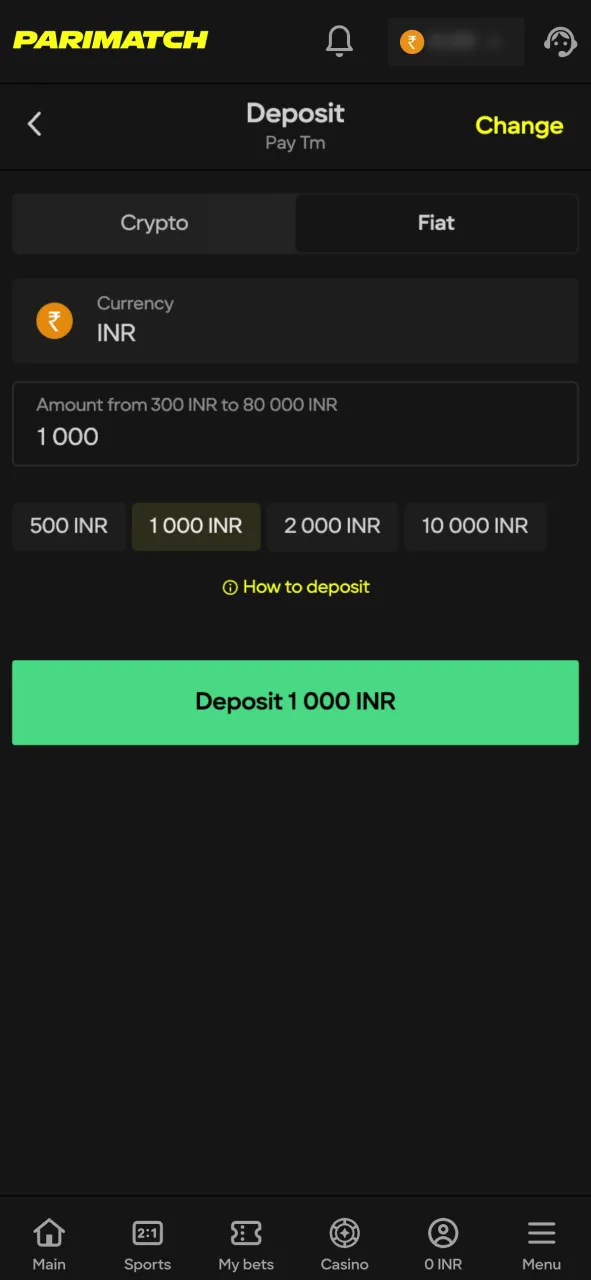 Top up your deposit to receive a bonus on Parimatch.