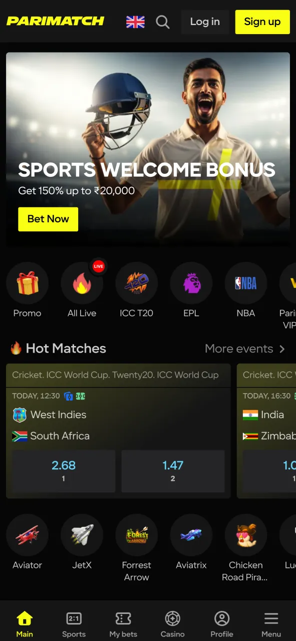 Visit the main page of the Parimatch application to register.